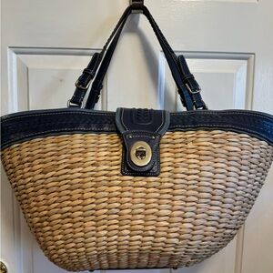 VINTAGE Limited Edition Coach Blue and Tan Straw Handbag